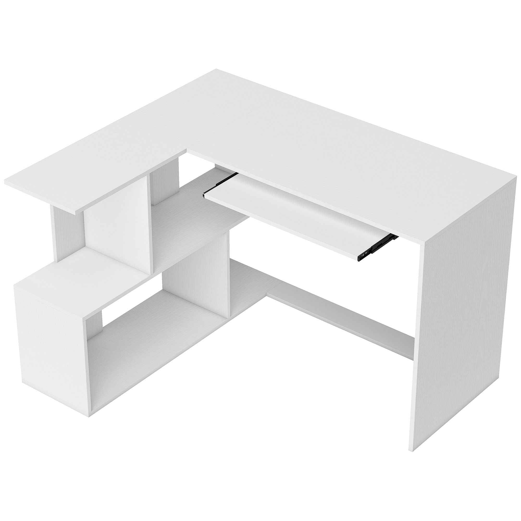 Modern Corner Desk with Sliding Keyboard Tray and 4-Tier Bookshelf, White