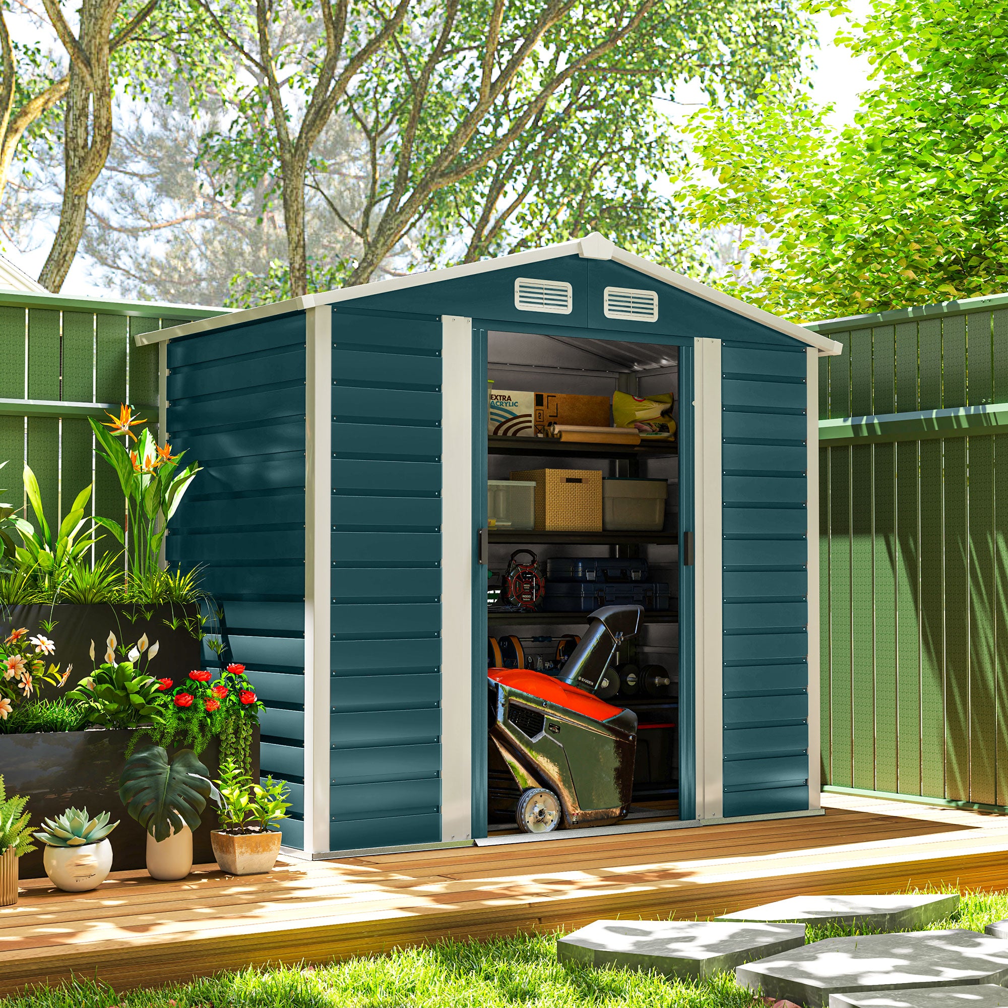 Outsunny Metal Garden Shed with Sliding Doors and Lock with Keys, 2.1x1.2x1.9m, Green