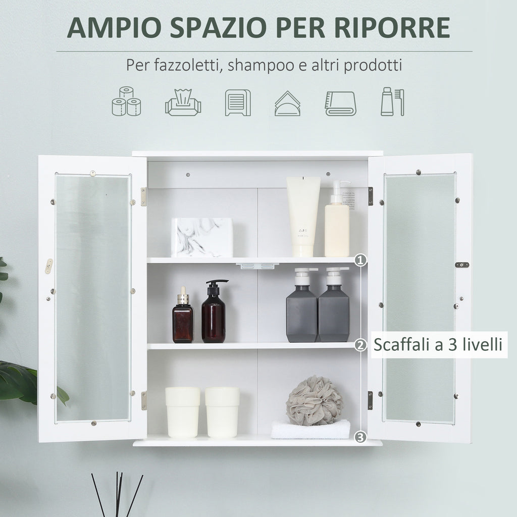 kleankin 2-Door Bathroom Wall Cabinet in Wood and Glass with Adjustable Shelf, 55x20x65 cm, White
