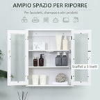 kleankin 2-Door Bathroom Wall Cabinet in Wood and Glass with Adjustable Shelf, 55x20x65 cm, White