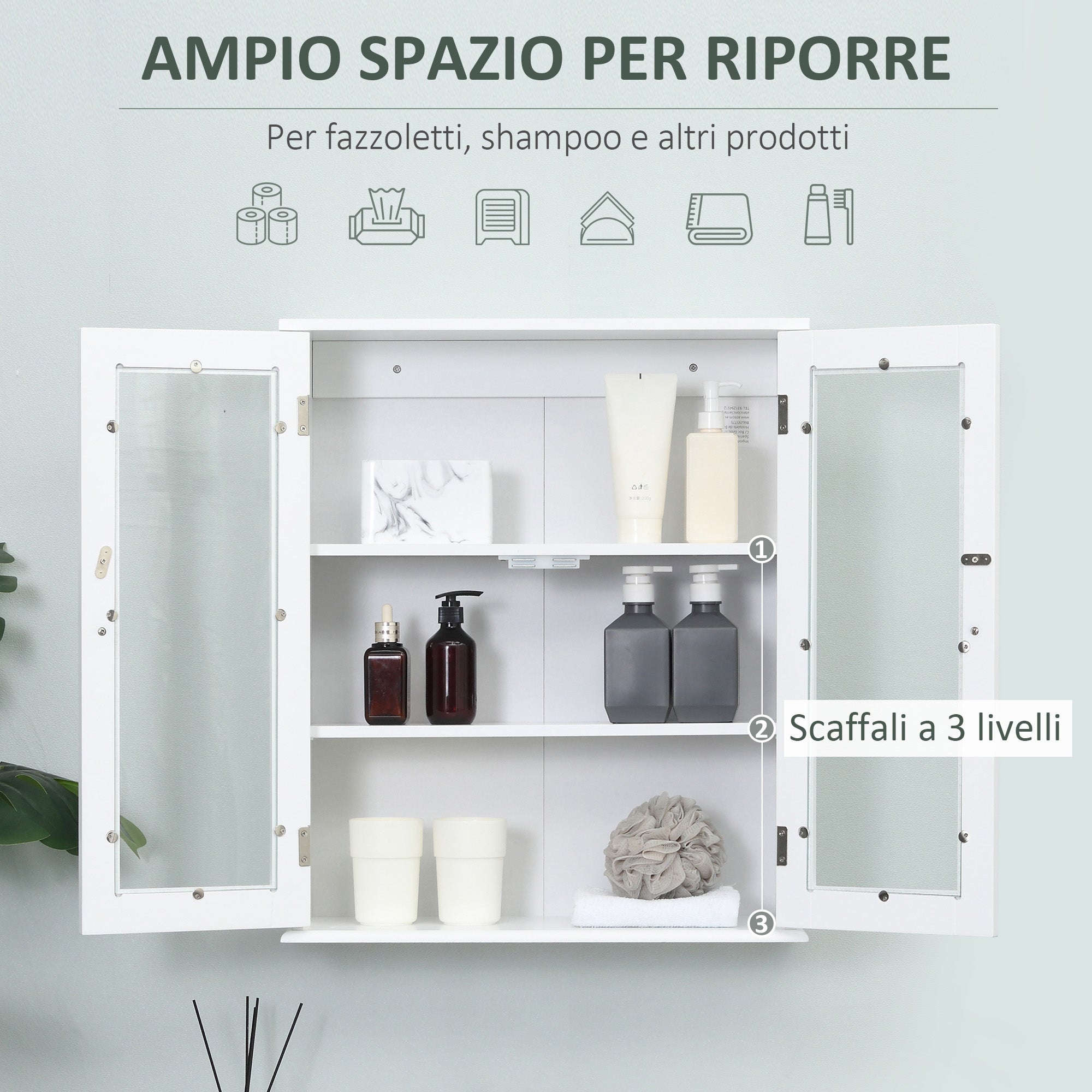 kleankin 2-Door Bathroom Wall Cabinet in Wood and Glass with Adjustable Shelf, 55x20x65 cm, White