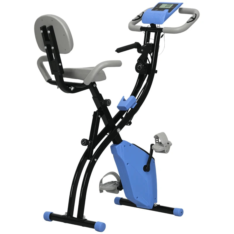 Folding Exercise Bike with 8 Resistance Levels and Adjustable Seat, Blue and Gray