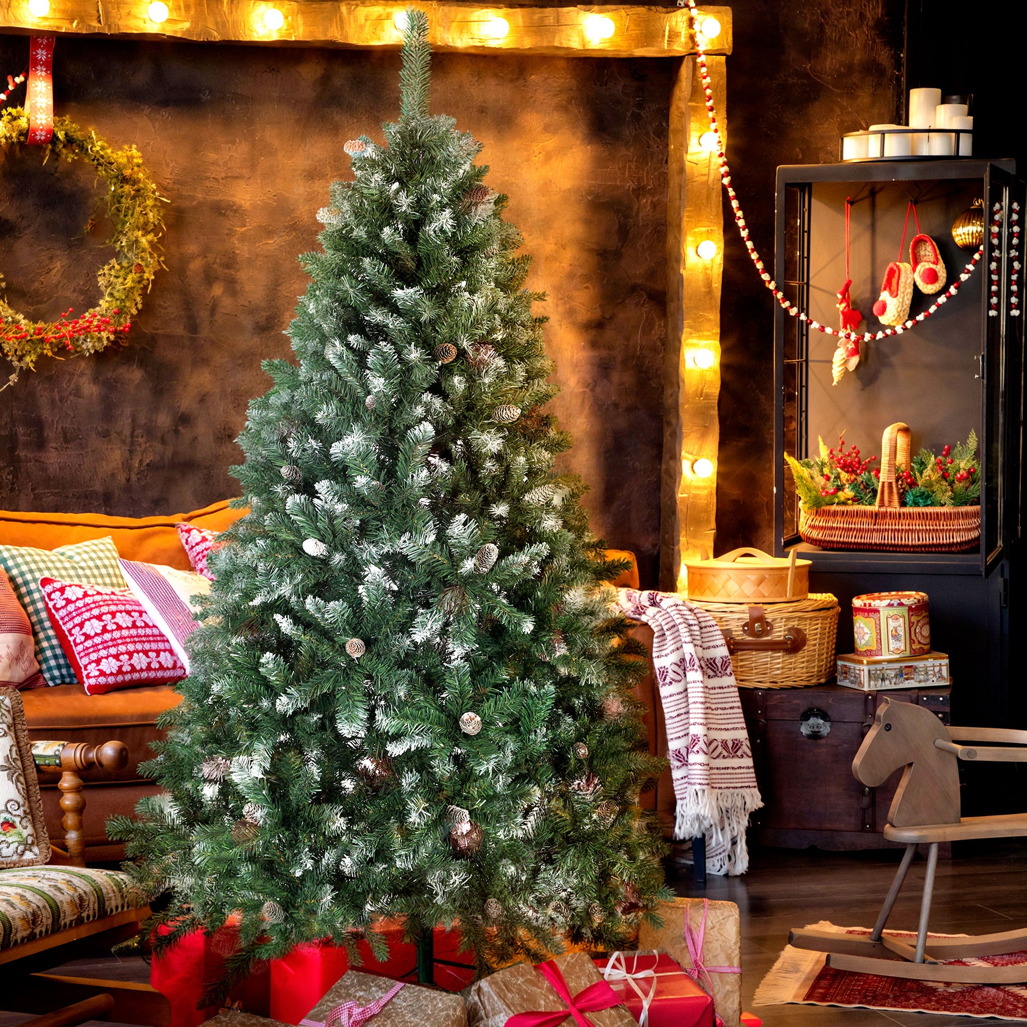 180cm Tall Snow-Covered Christmas Tree with 910 Branches and Pine Cones, Foldable Metal Base, Green