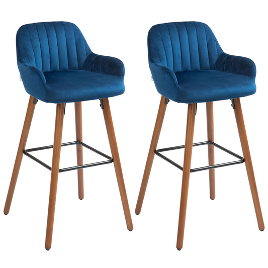 Set of 2 Modern Velvet Bar Stools with Backrest and Armrests, Wooden Base and Footrest, Dark Blue