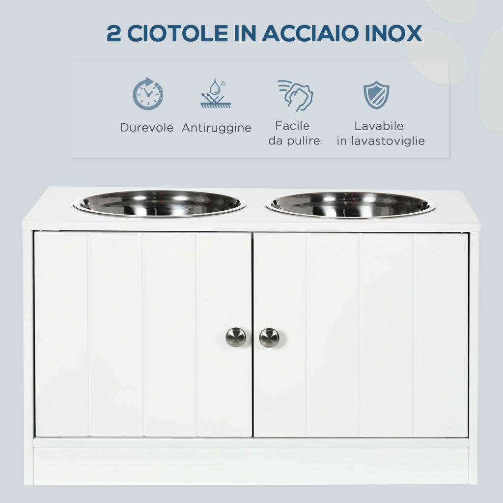 Raised Dog Bowls with 44L Cabinet and 2 Steel Bowls, 60x30x35.5cm, White - Borgè