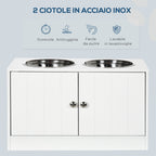 Raised Dog Bowls with 44L Cabinet and 2 Steel Bowls, 60x30x35.5cm, White - Borgè