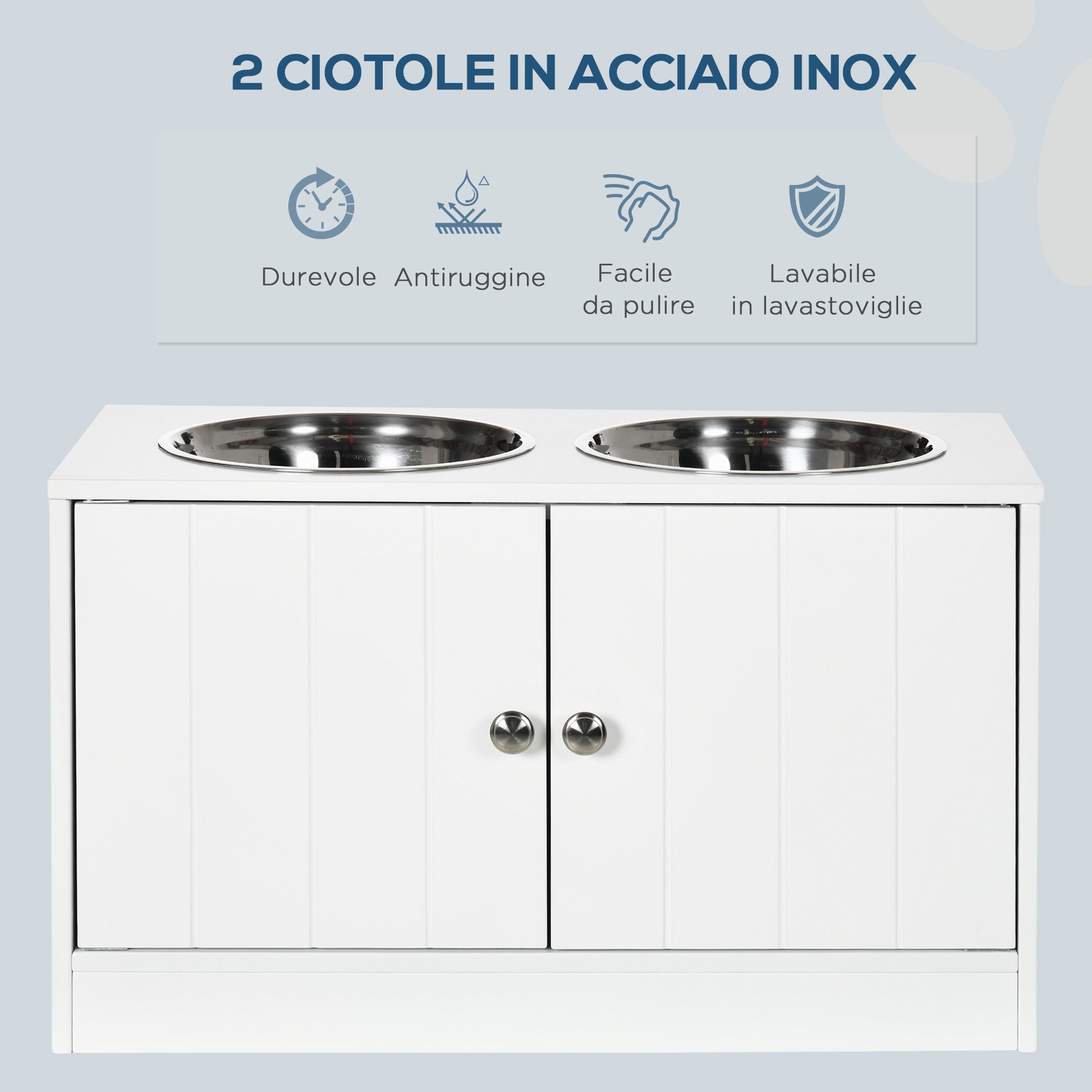 Raised Dog Bowls with 44L Cabinet and 2 Steel Bowls, 60x30x35.5cm, White - Borgè
