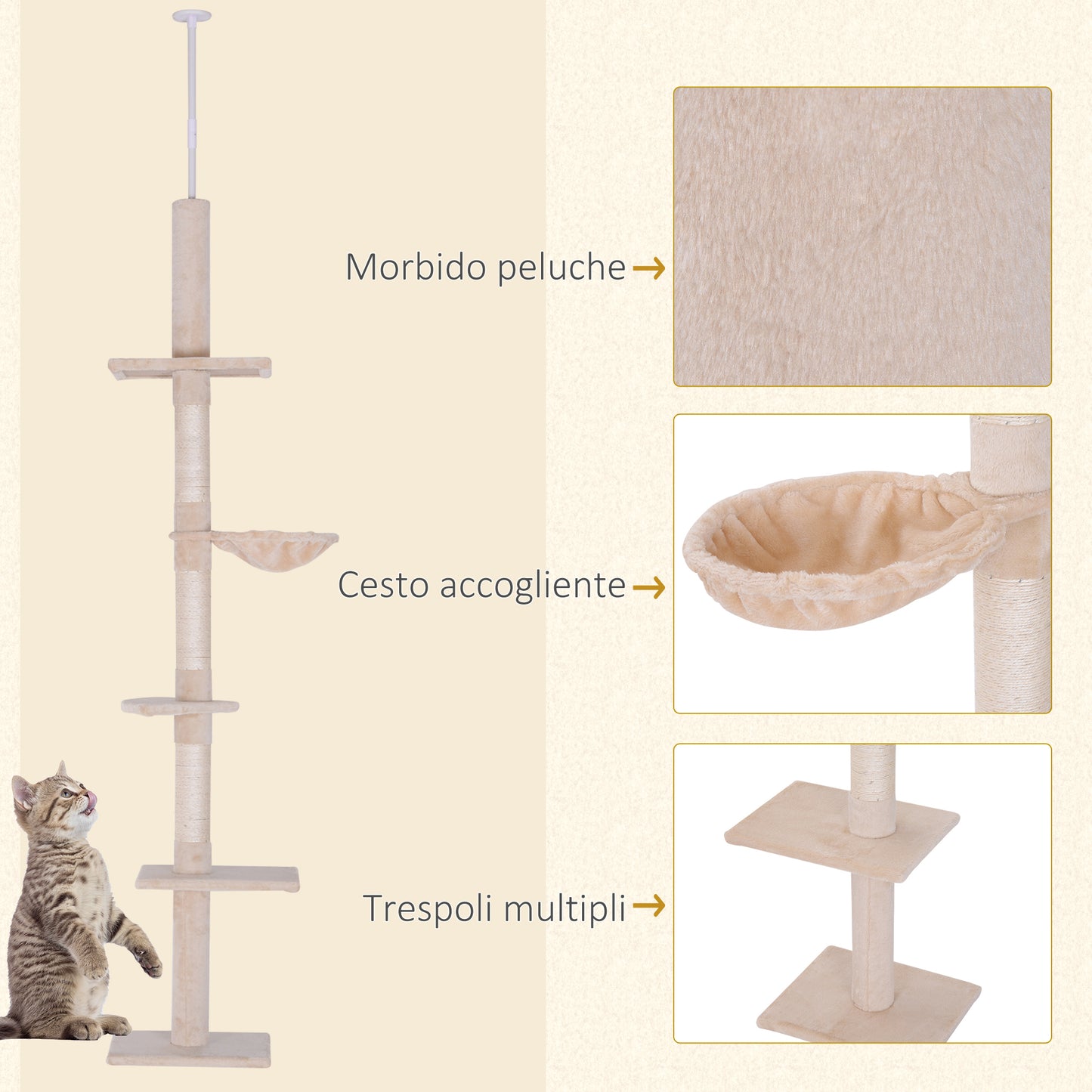 Multi-Level Ceiling Cat Tree with Hammock and Adjustable Height, 40x34x230-260cm, Beige