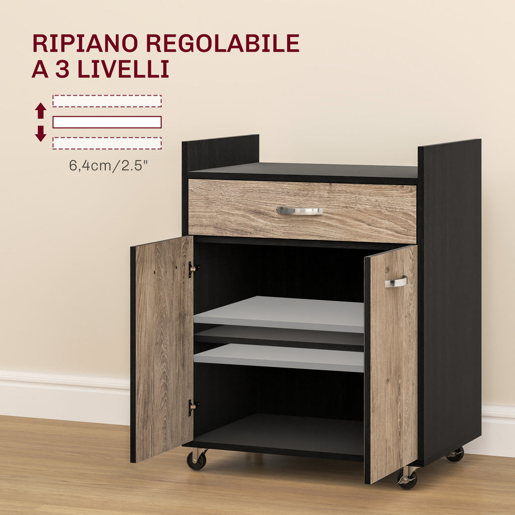 Kitchen Trolley with Drawer, Cabinet and 4 Wooden Wheels, 60x40x77cm, Black