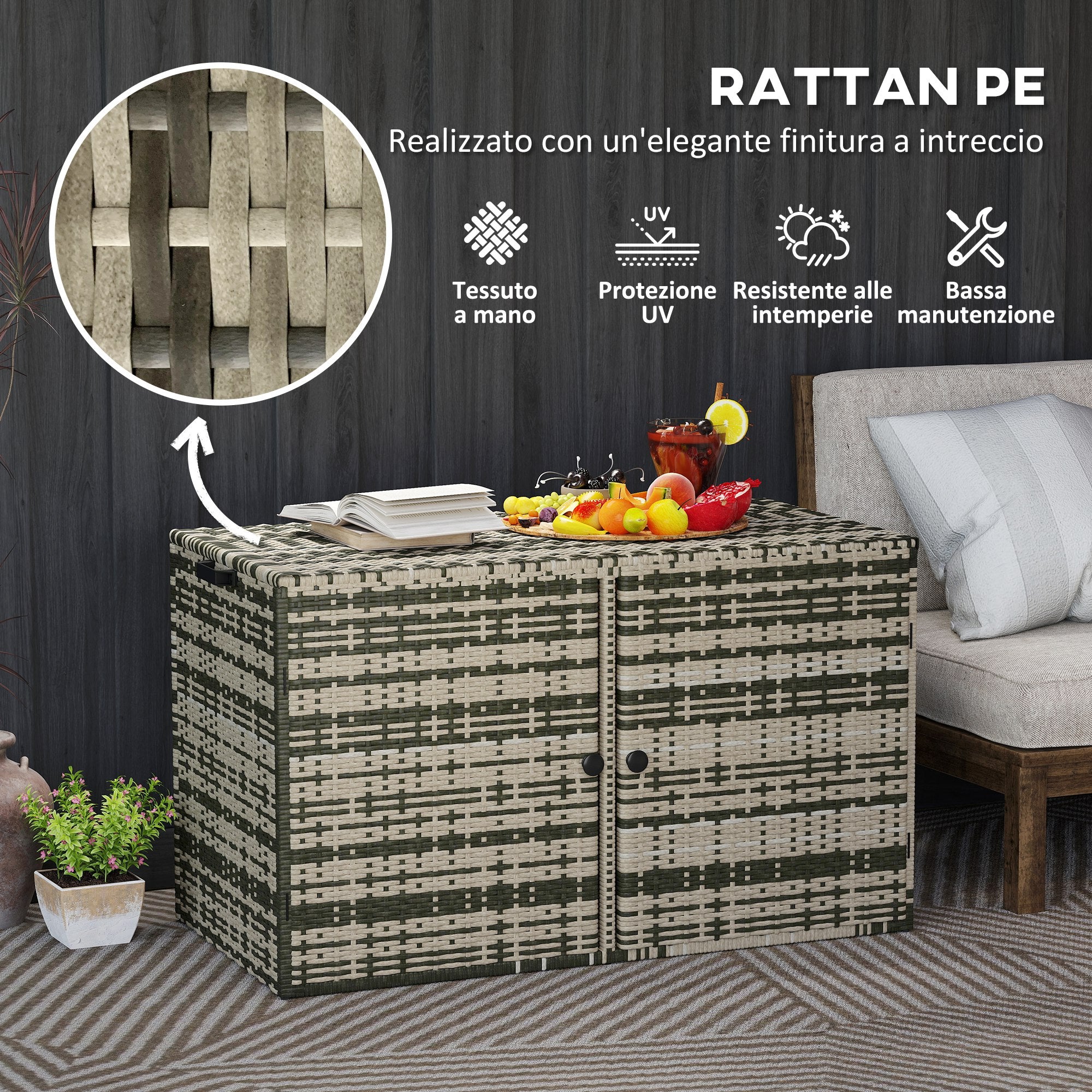 350L 2-Tier Outdoor Storage Chest with Gas Pistons, PE Rattan and Steel, 118x57x69 cm, Grey