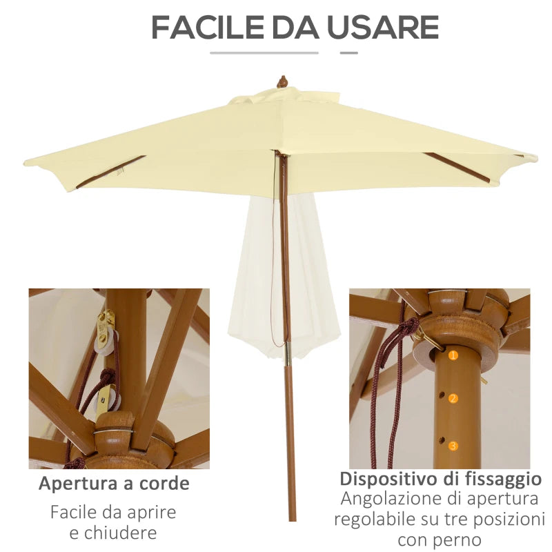 Garden Umbrella 2.5x2.3 m with 6 Ribs in Lacquered Wood and Polyester, Beige - Borge' Group Limited