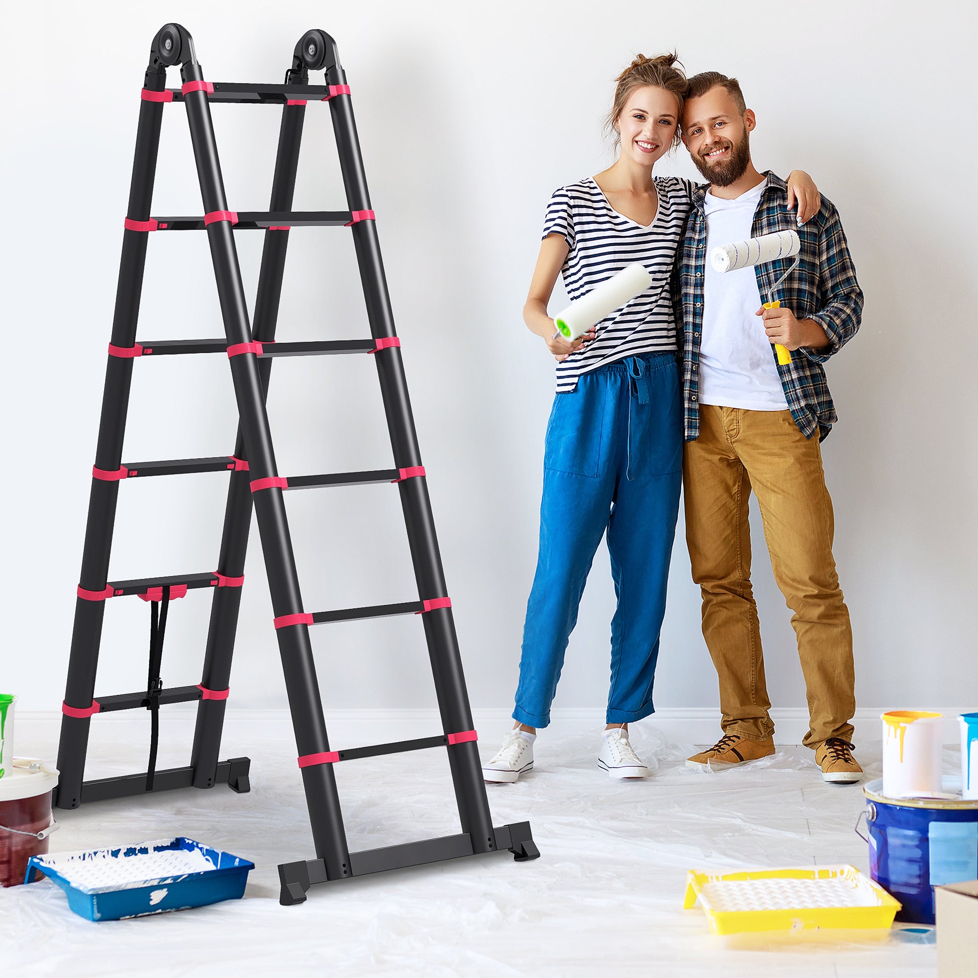 12-Step Folding Telescopic Ladder, Aluminum and Nylon, 379 x 67.5 x 11 cm, Black and Red