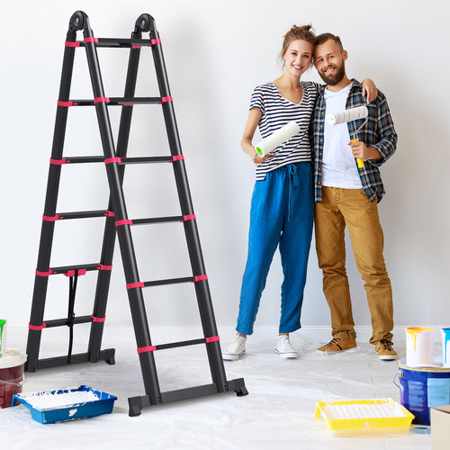 12-Step Folding Telescopic Ladder, Aluminum and Nylon, 379 x 67.5 x 11 cm, Black and Red