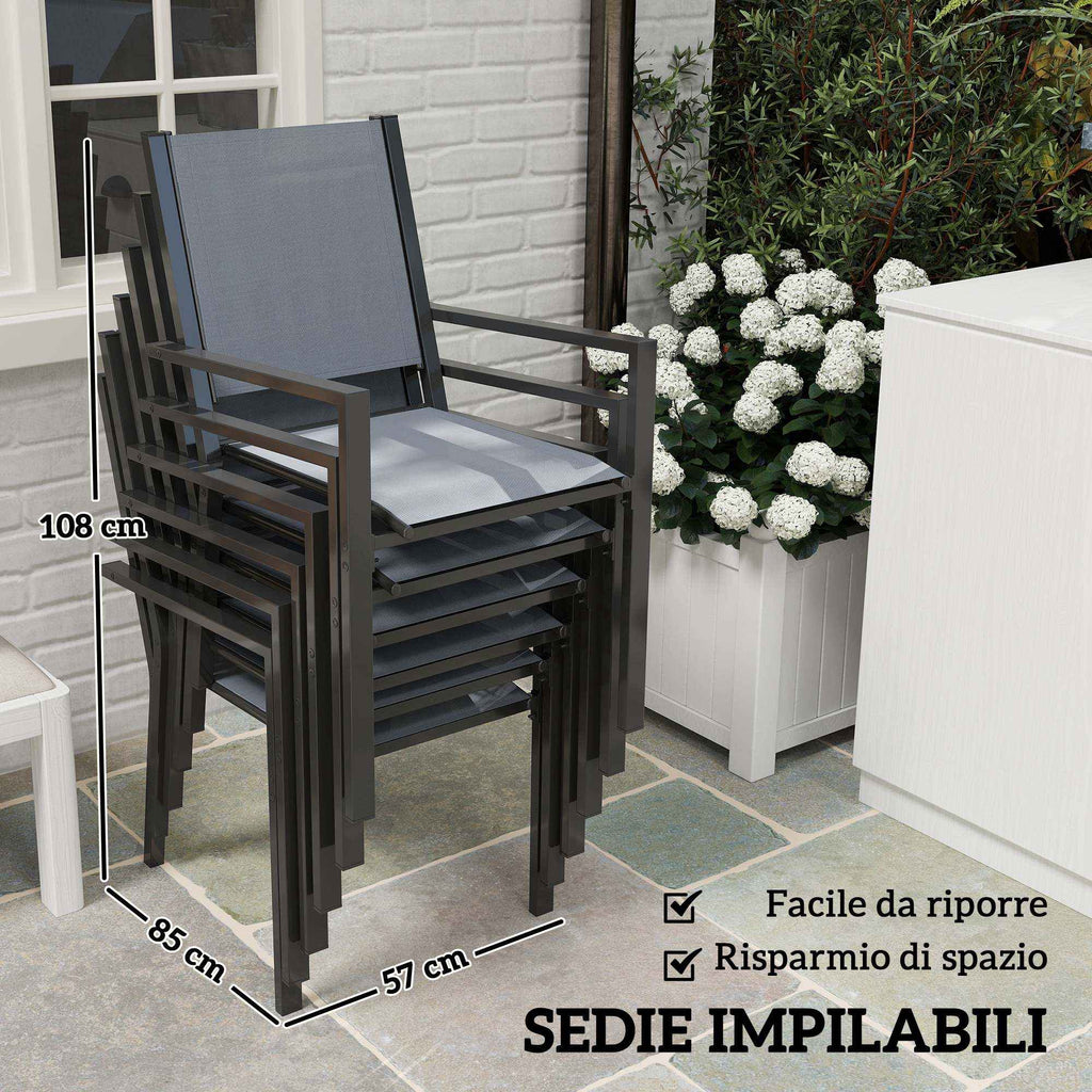 Outsunny 7-Piece Garden Set with Slatted Table and 6 Stackable Chairs, in Steel and Texteline, Grey