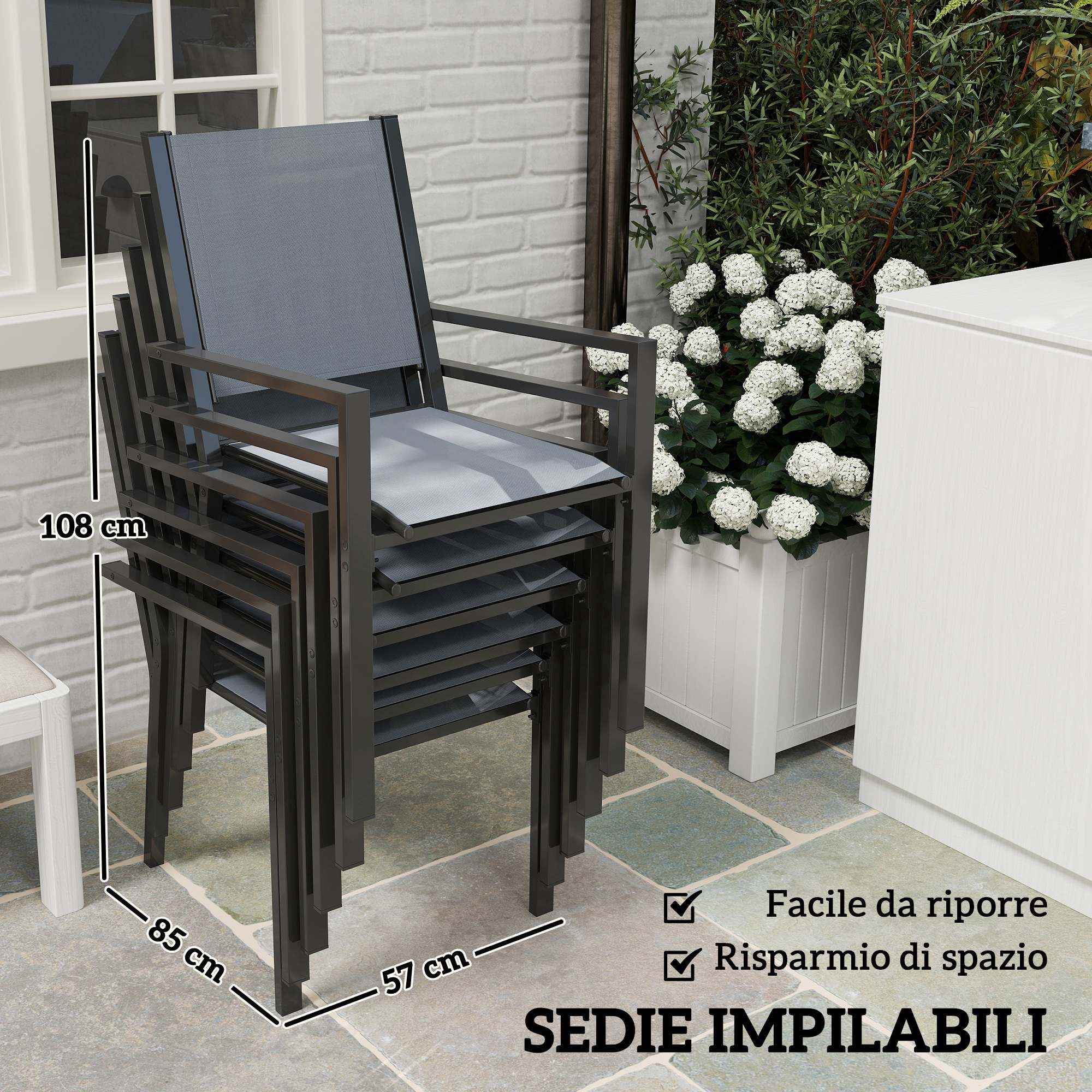 Outsunny 7-Piece Garden Set with Slatted Table and 6 Stackable Chairs, in Steel and Texteline, Grey