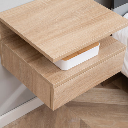 Set of 2 Modern Floating Bedside Tables with Drawer and Wooden Shelf 35x32x22.5cm, Oak