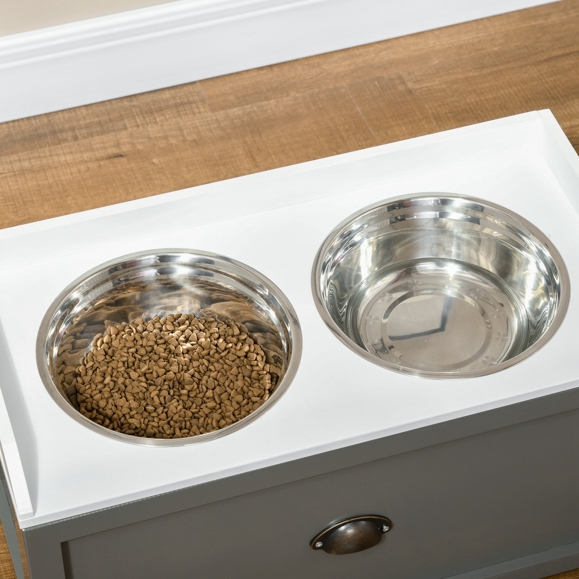 Stainless Steel and Wood Raised Dog Bowls with Drawer, 60x30x36cm, Grey