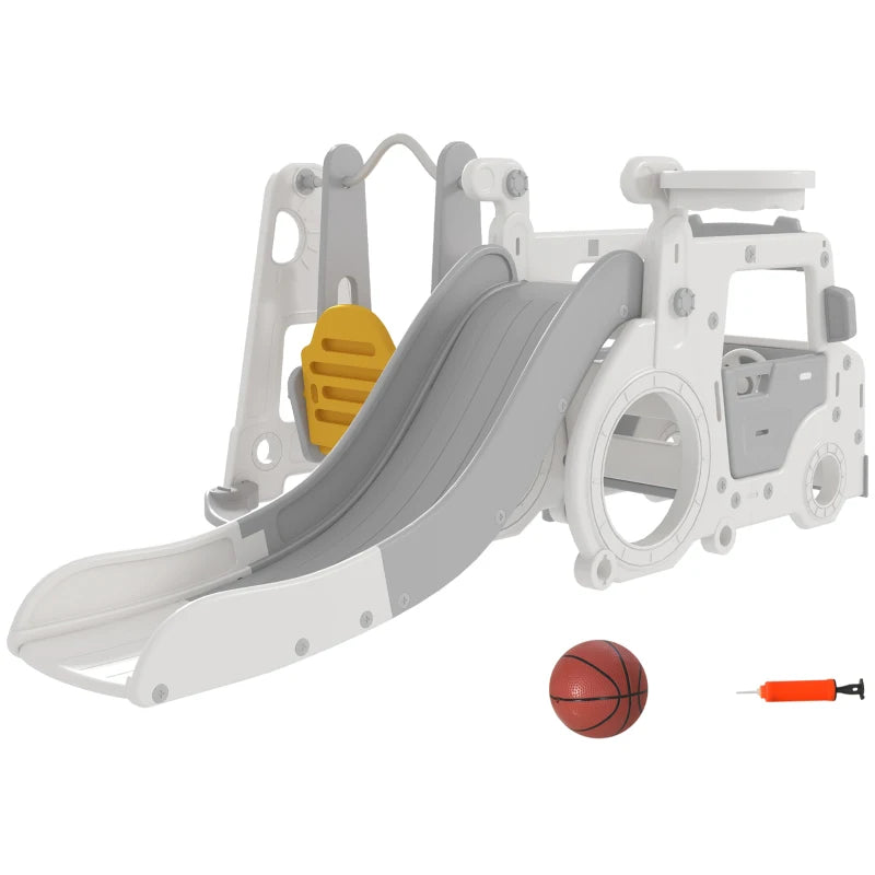 Slide Set for Children 18-48 Months with Swing, Toy Car and Basketball Hoop, 201x151x87.5cm, White