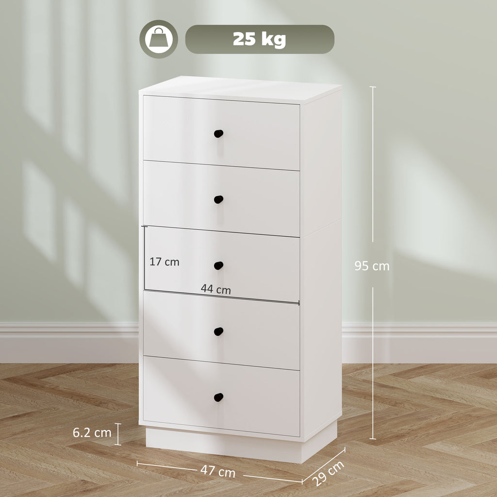 Chest of 5 drawers for modern and space-saving bedroom, 47x29x95 cm, White