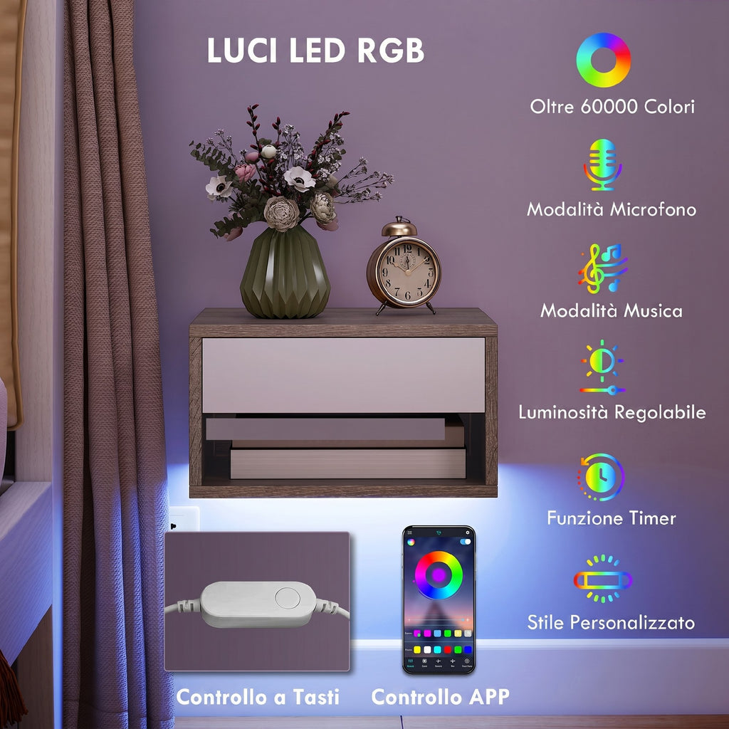 HOMCOM Set of 2 Wall-Mounted Bedside Tables with Built-in RGB LED Lights, Adjustable via APP, Drawer and Shelf, 37x32x21 cm, White Wood Color