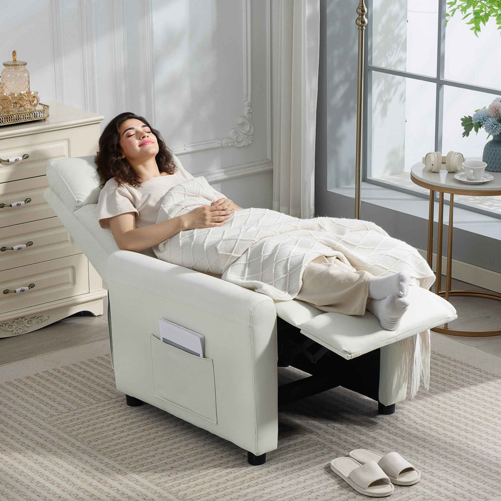 HOMCOM Reclining Chair 135° max in Linen Effect Fabric, Foam, Steel and Wood, 73x86x100 cm, Cream White