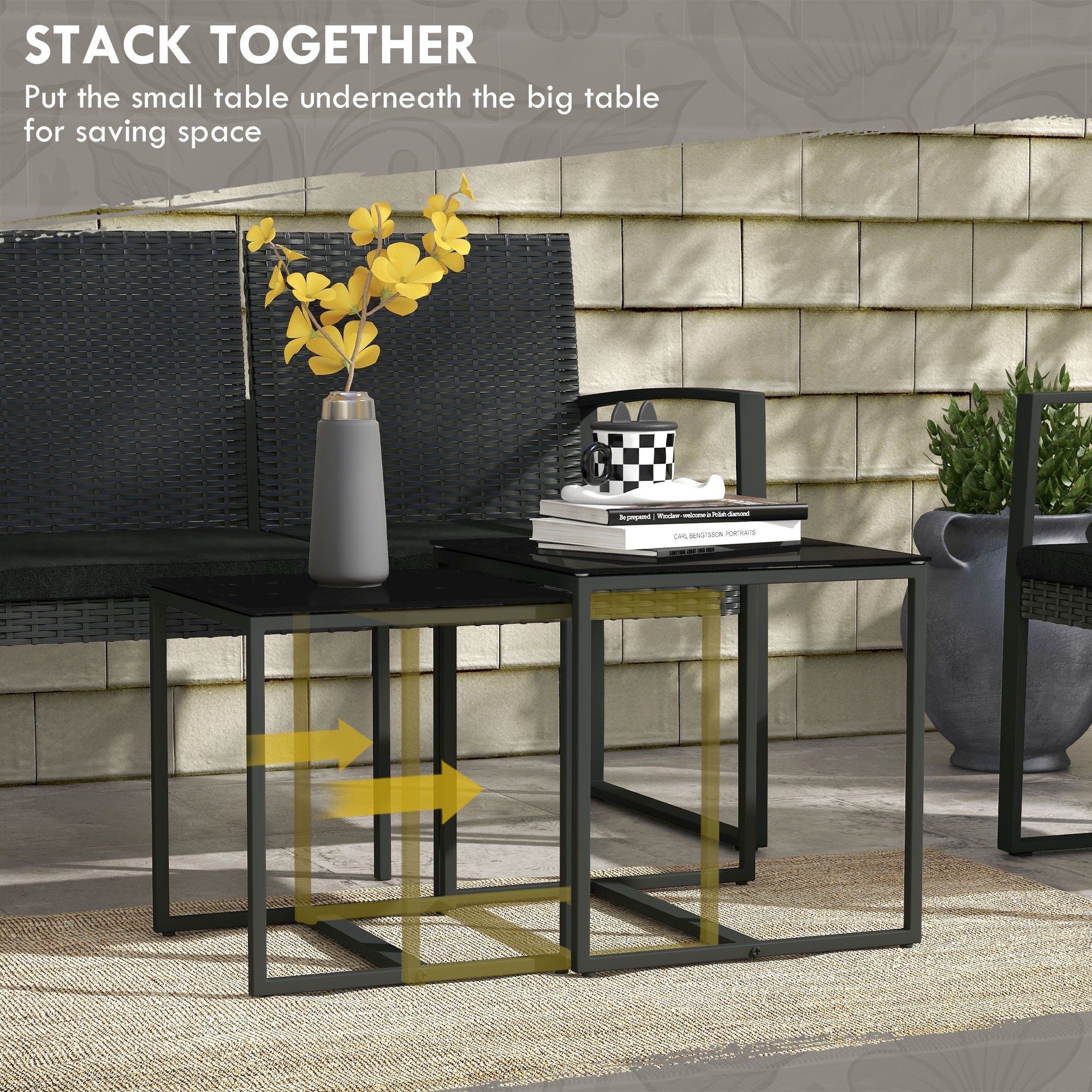 Outsunny garden set with 2 chairs, sofa and 2 tables with cushions and glass top, black - Borgè