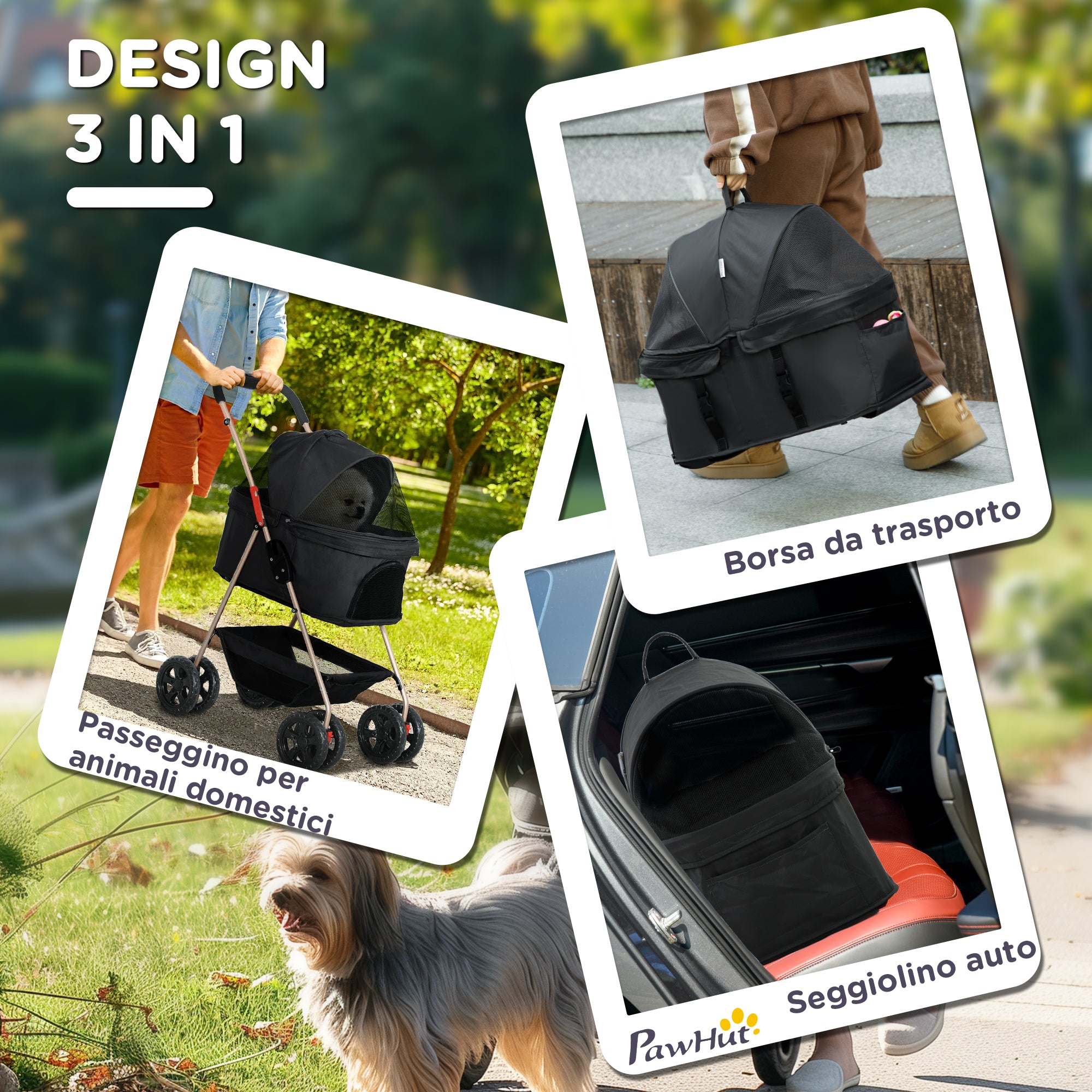 3 in 1 Foldable Dog Stroller with Carrying Bag and Bottom Basket, Black
