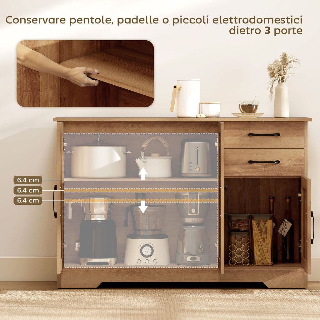 Kitchen Cabinet with 2 Drawers and 3 Cabinets, Adjustable Shelves, 120x38x79 cm, Oak