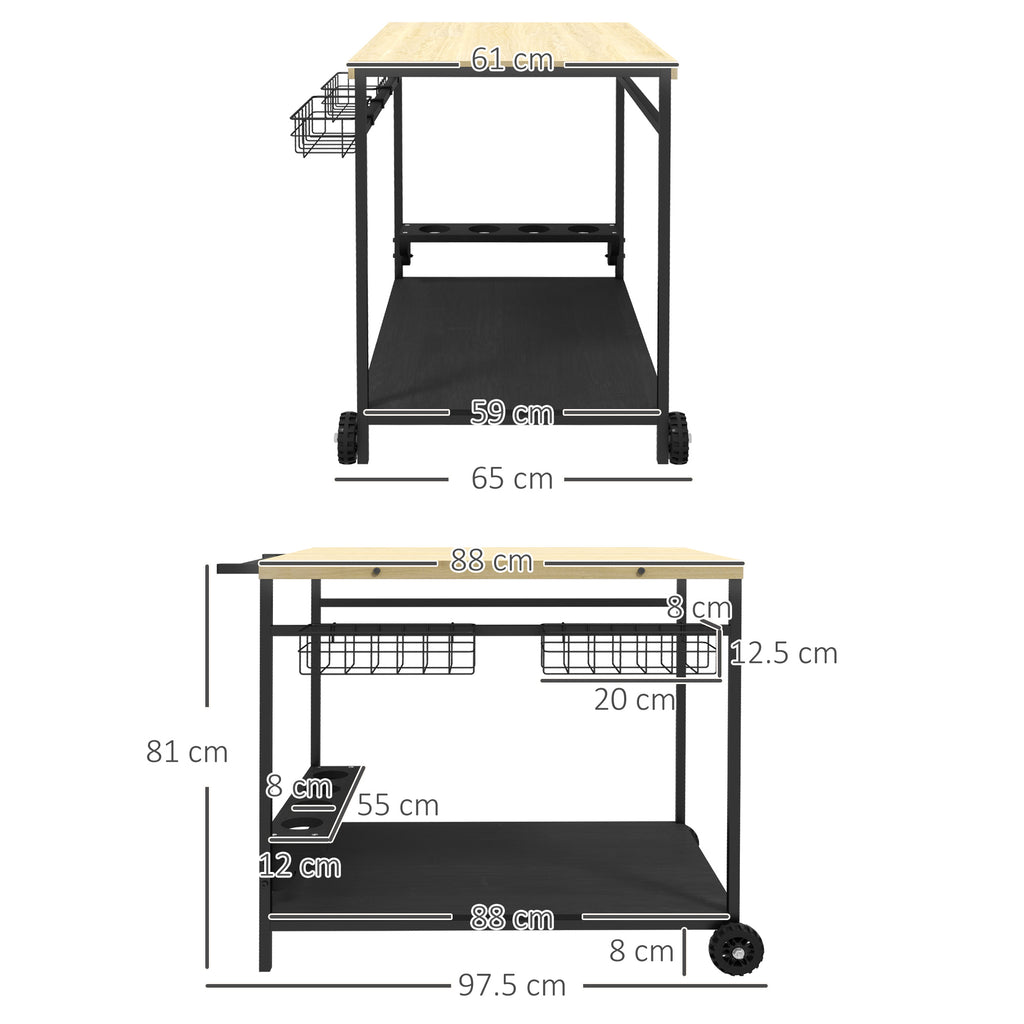 Garden trolley with 2 shelves, 2 baskets and 4 bottle holder spaces, in fir wood, 97.5x65x81 cm - Borgè