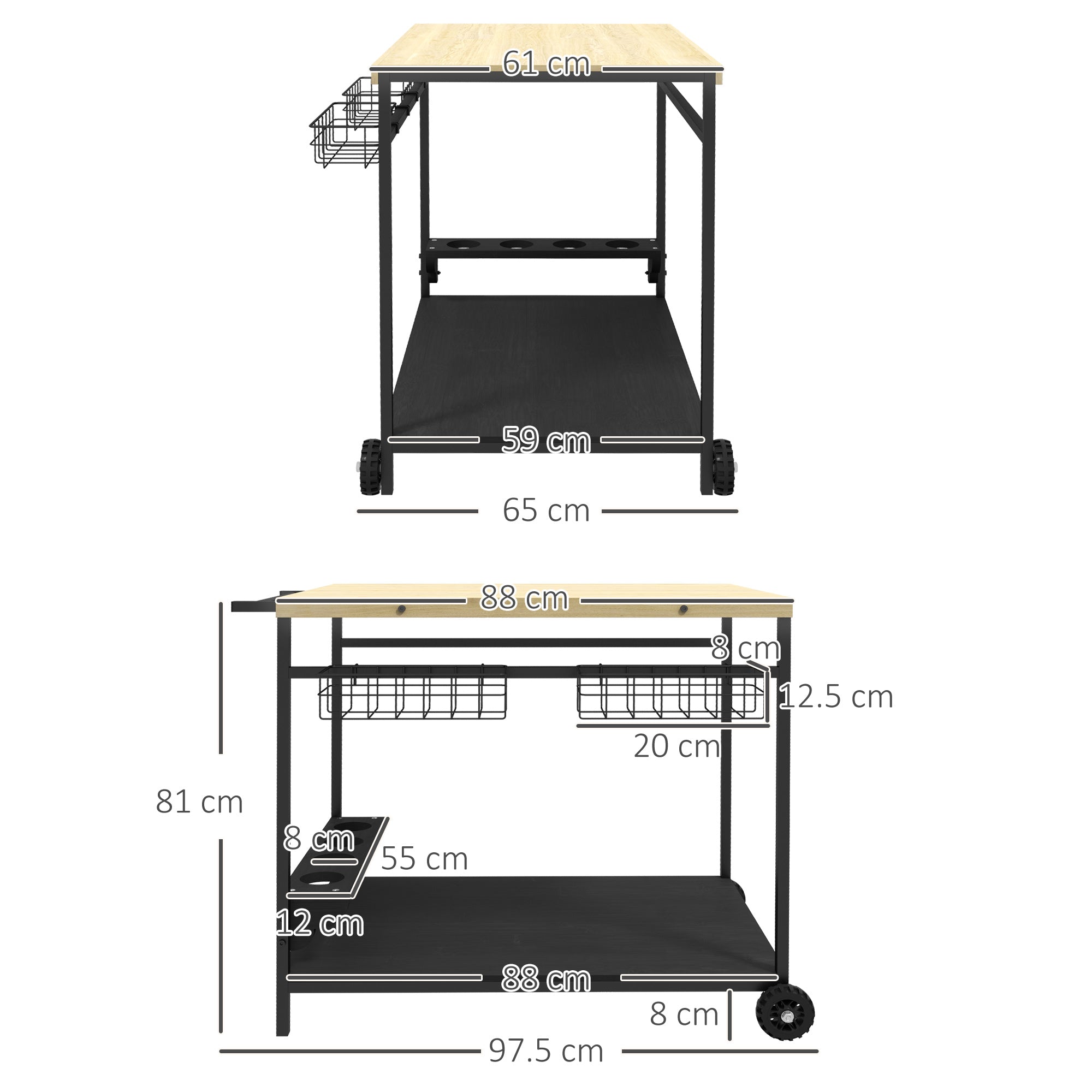 Garden trolley with 2 shelves, 2 baskets and 4 bottle holder spaces, in fir wood, 97.5x65x81 cm - Borgè