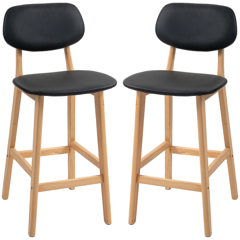 Set of 2 Bar Stools with Backrest, Faux Leather Cover and Footrest, 42x47x92cm, Black - Borgè