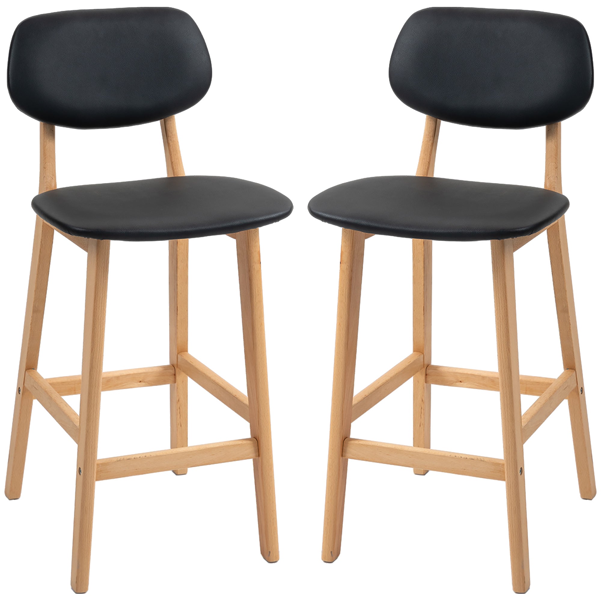 Set of 2 Bar Stools with Backrest, Faux Leather Cover and Footrest, 42x47x92cm, Black - Borgè