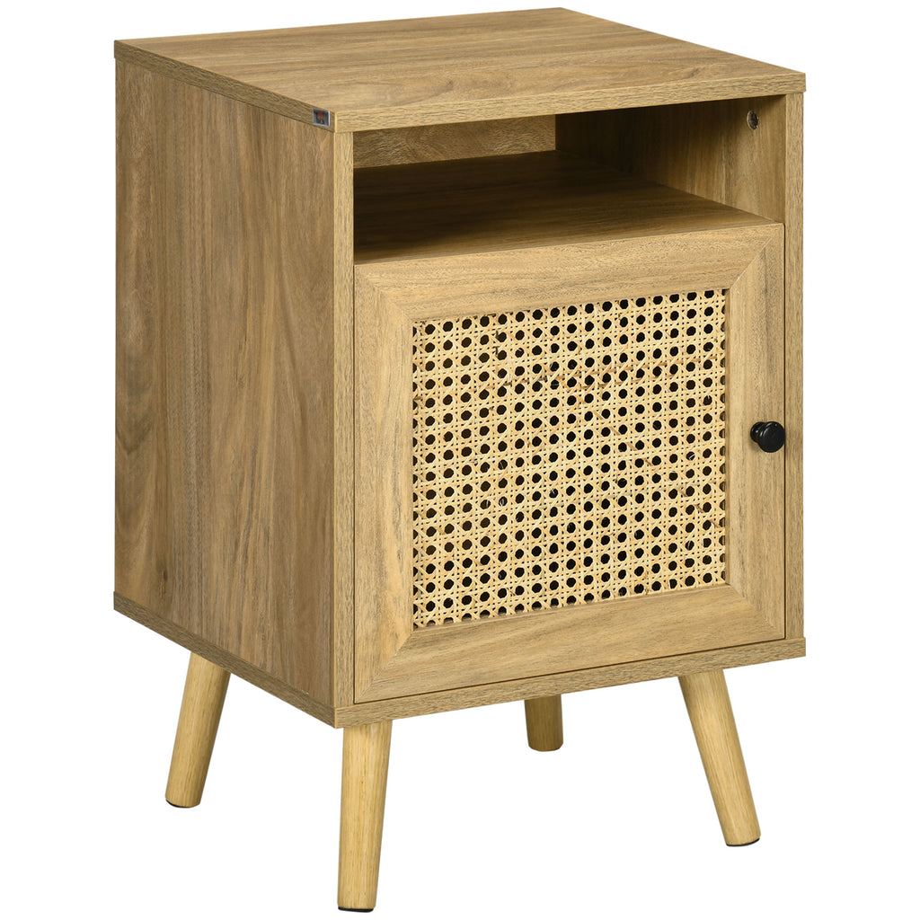 Boho Style Bedroom Bedside Table with Cabinet and Open Shelf in Wood and Rattan, 39x35x60 cm