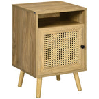 Boho Style Bedroom Bedside Table with Cabinet and Open Shelf in Wood and Rattan, 39x35x60 cm