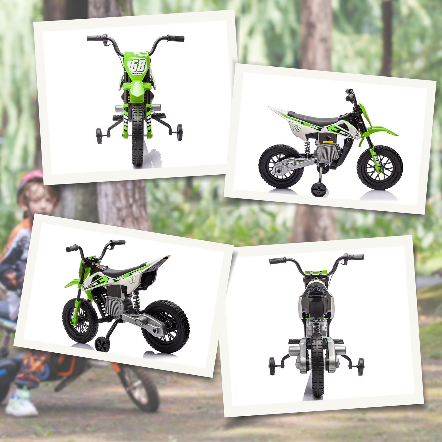 Children's Electric Motorcycle with Wheels and Charge Indicator, in PP and Metal, 107x56x70 cm, Green