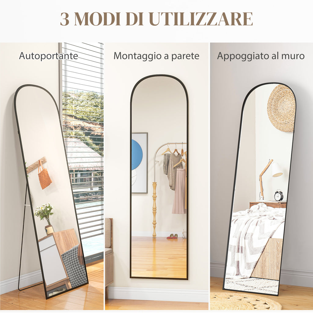 Modern Aluminum Alloy Floor and Wall Mirror with Folding Stand, 50x170 cm, Black