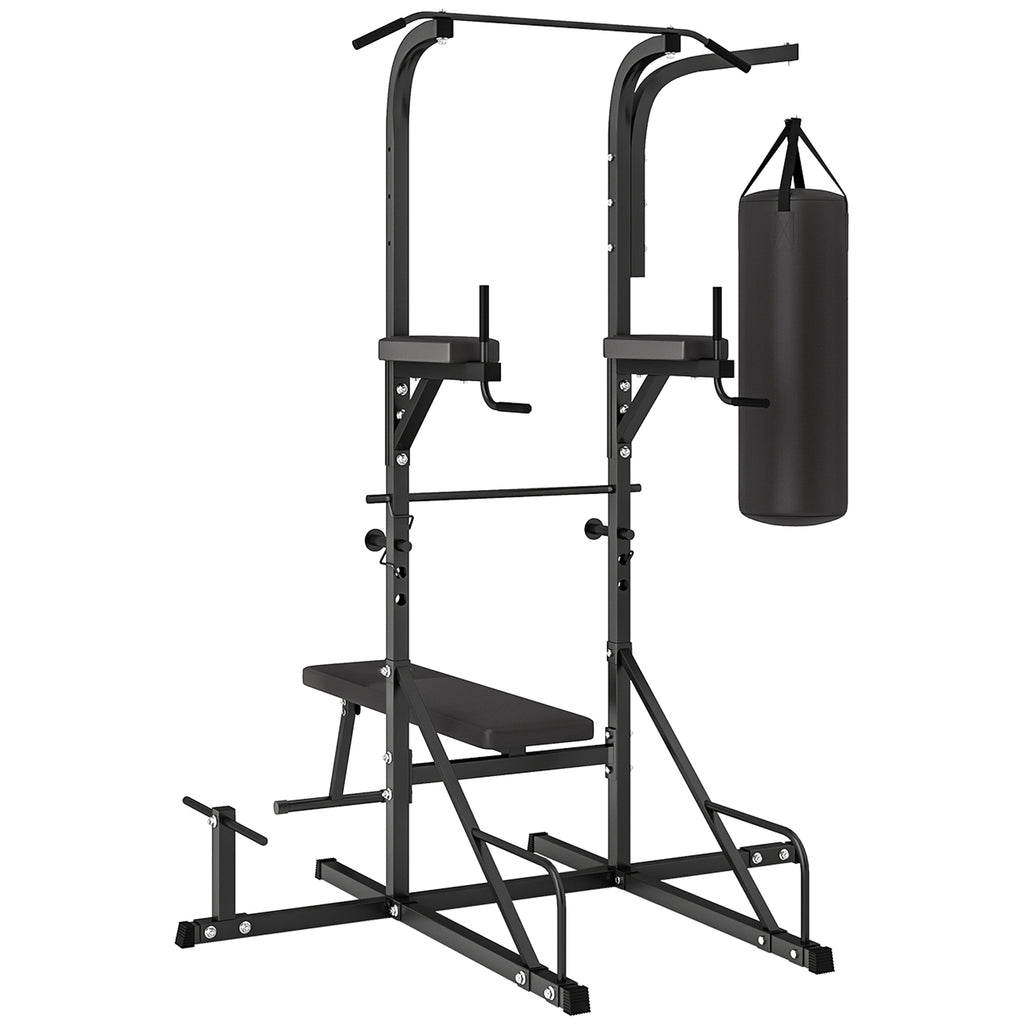 Power Tower with Bench and 20kg Punching Bag, Black Steel Multi-Purpose Station for Total Body Training