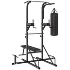 Power Tower with Bench and 20kg Punching Bag, Black Steel Multi-Purpose Station for Total Body Training