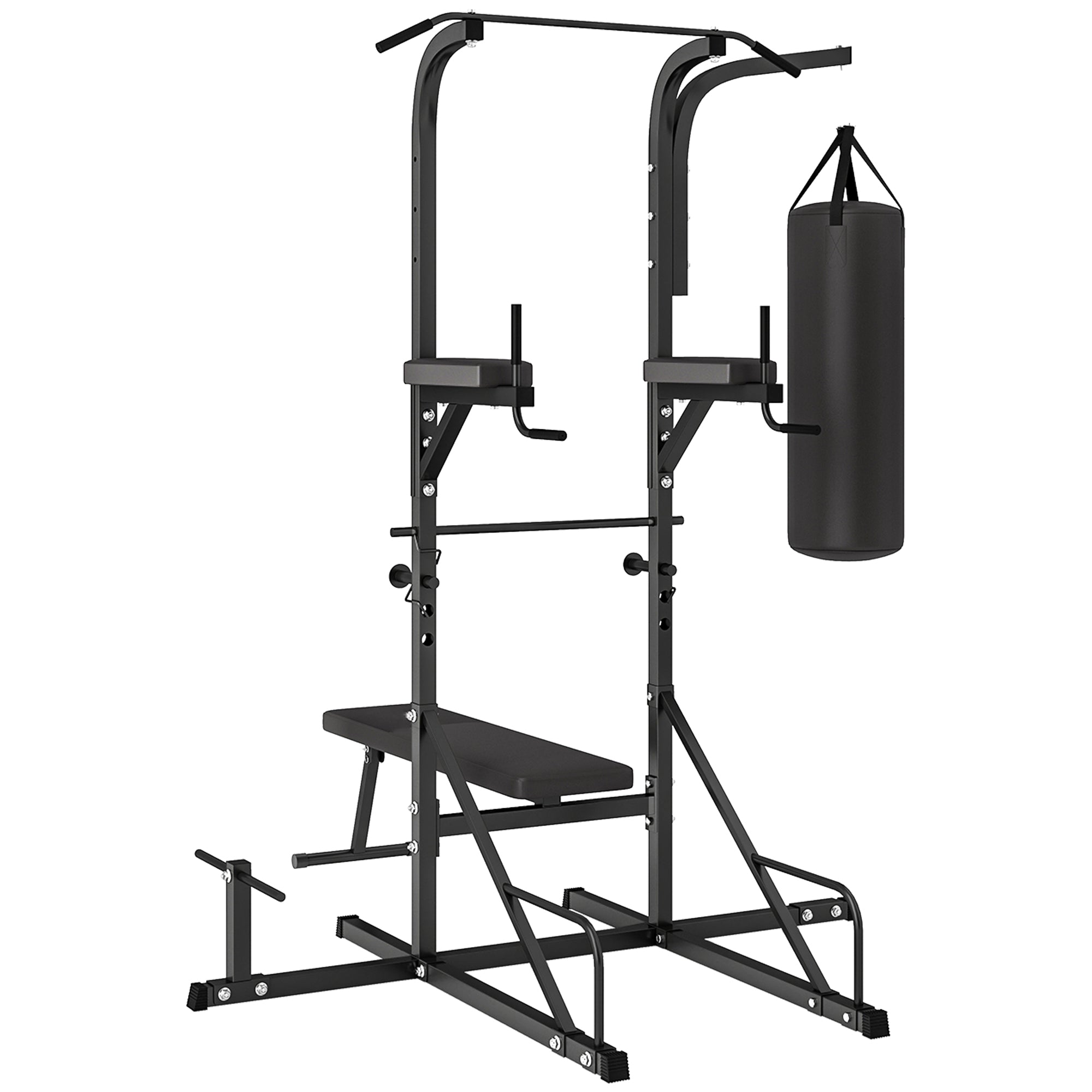 Power Tower with Bench and 20kg Punching Bag, Black Steel Multi-Purpose Station for Total Body Training