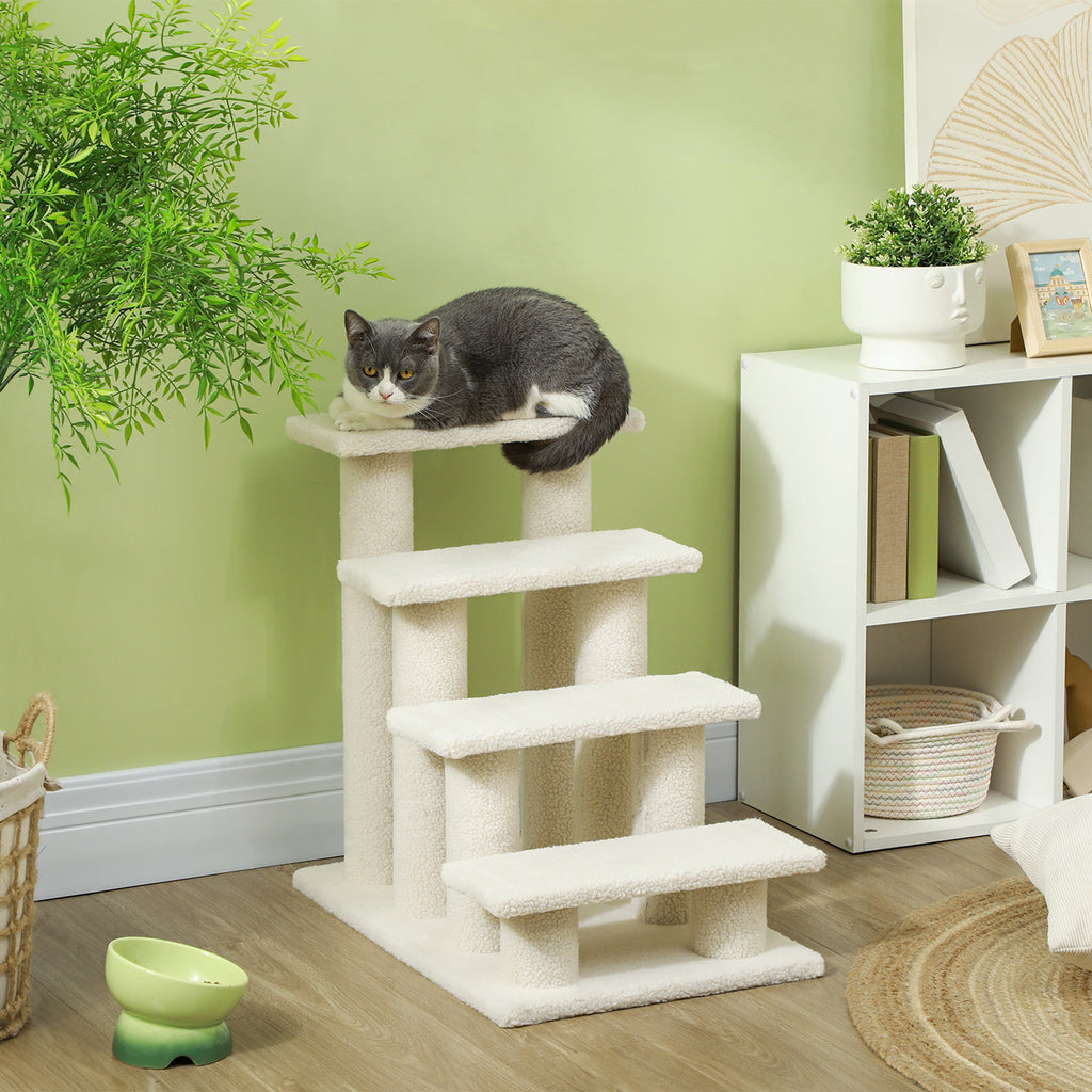 4-Step Plush Dog and Cat Ladder, Non-Slip Pet Steps for Cats and Dogs, Puppy Steps for Bed and Sofa, 61x41x60cm Cream