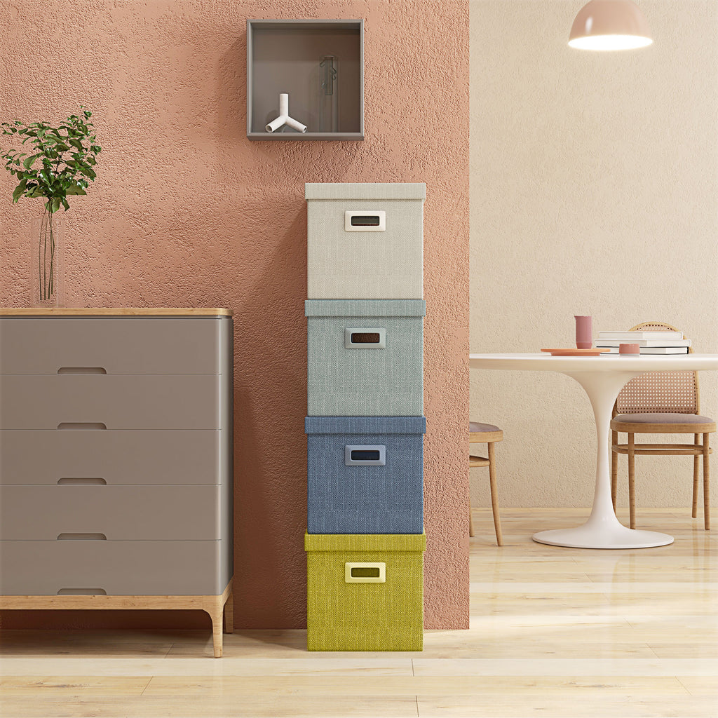 Set of 4 Fabric Closet Storage Boxes with Lids and Foldable 30x30x29cm, Blue, Cream, Green and Light Grey
