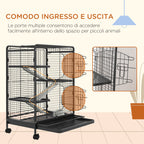 Small Animal Cage with Wheels, Rabbit and Chinchilla Cage with 3 Ramps and 3 Platforms, Bowl and Bottle, 61.5x44x95 cm, Black