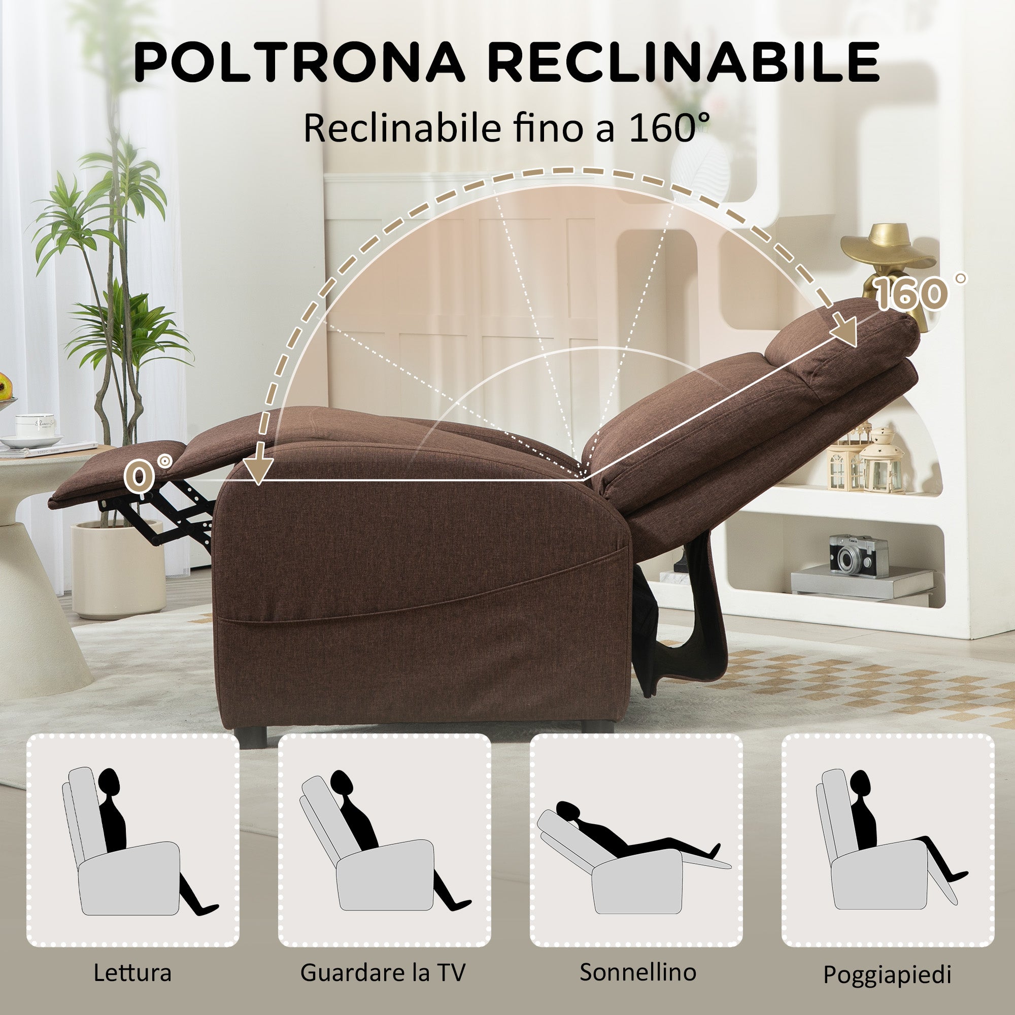 Reclining Relax Chair with Footrest in Linen Effect Fabric, 69x85x100 cm, Brown