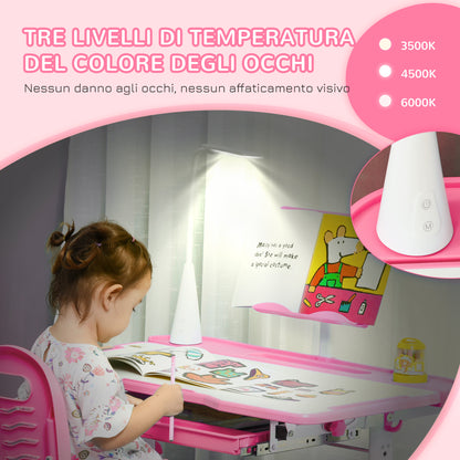 Children's Desk Set for 6-12 Years with Height-Adjustable Chair, Drawer, Light and Tiltable Top, Pink