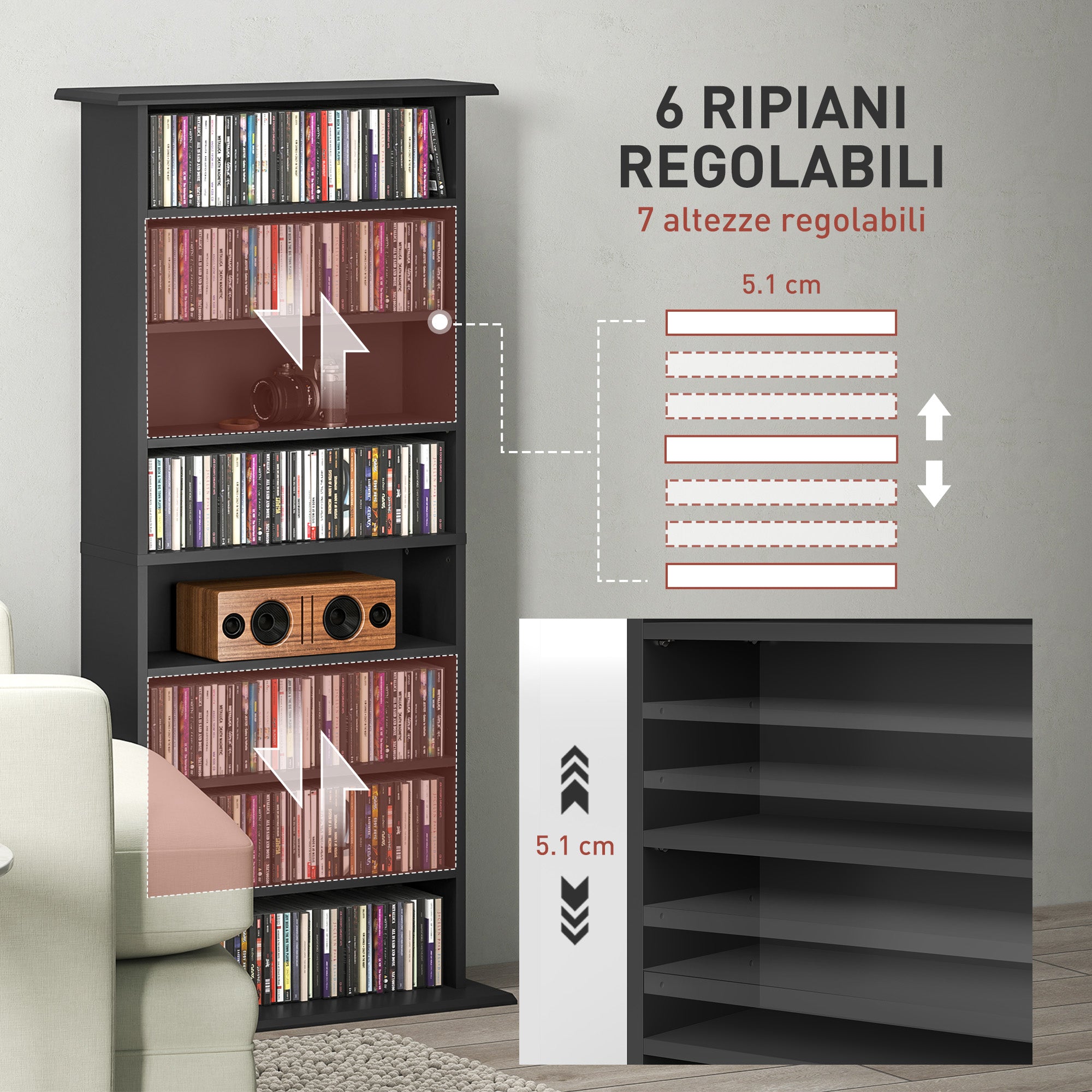 CD Rack with 6 Adjustable Shelves, 360 CDs/185 DVDs Capacity, 58x24x124.5 cm, Black