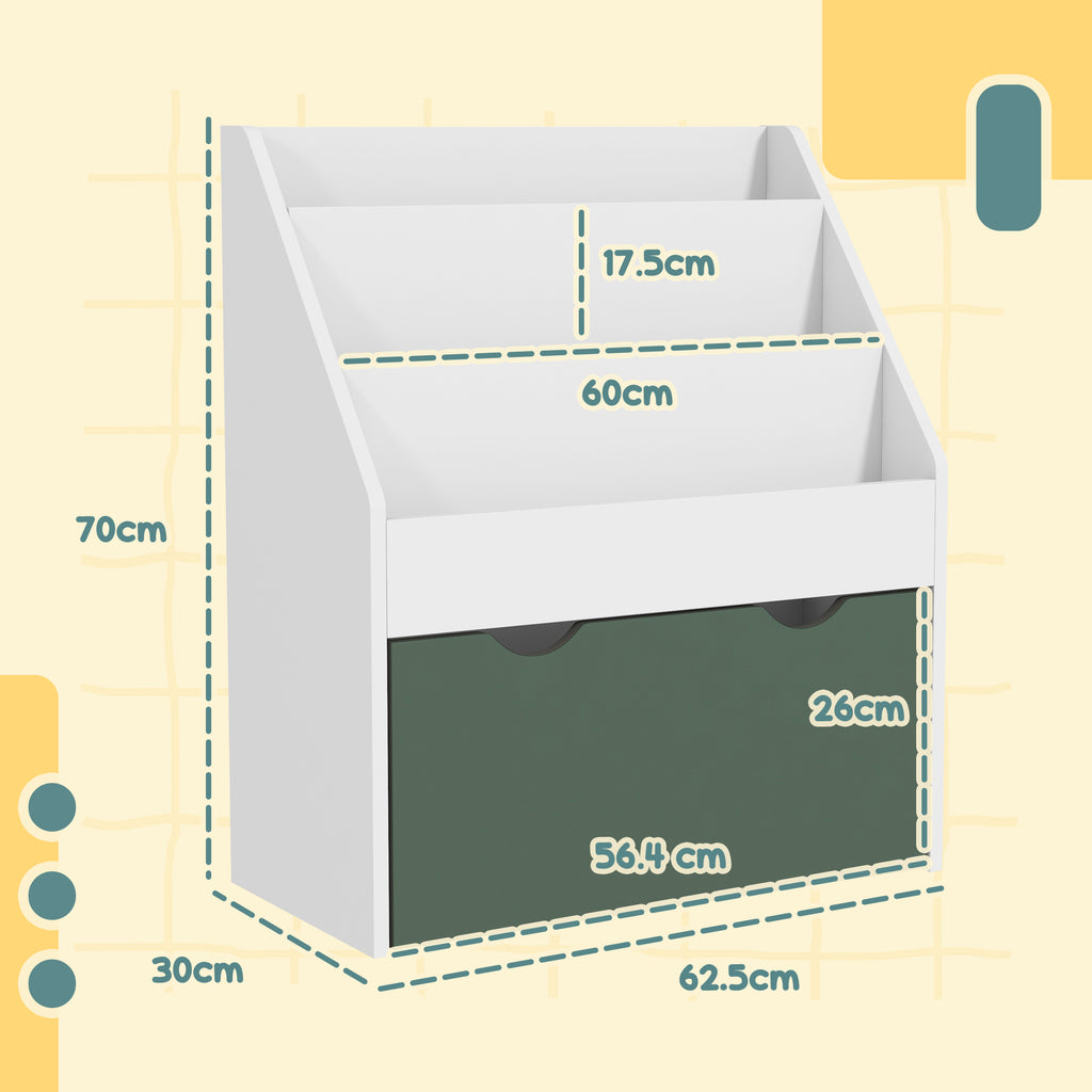 Children's Bookcase for 3-8 Years Old, 3-Tier, with Lower Drawer, MDF, 62.5x30x70 cm, Green