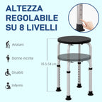 HOMCOM Non-Slip Shower Stool, Adjustable to 8 Heights, Made of Aluminum and PE, 32.5 x 41 x 35.5-54 cm, Black