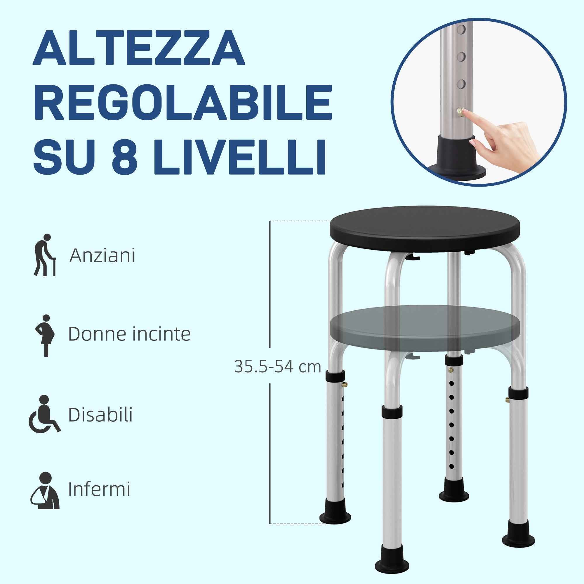 HOMCOM Non-Slip Shower Stool, Adjustable to 8 Heights, Made of Aluminum and PE, 32.5 x 41 x 35.5-54 cm, Black