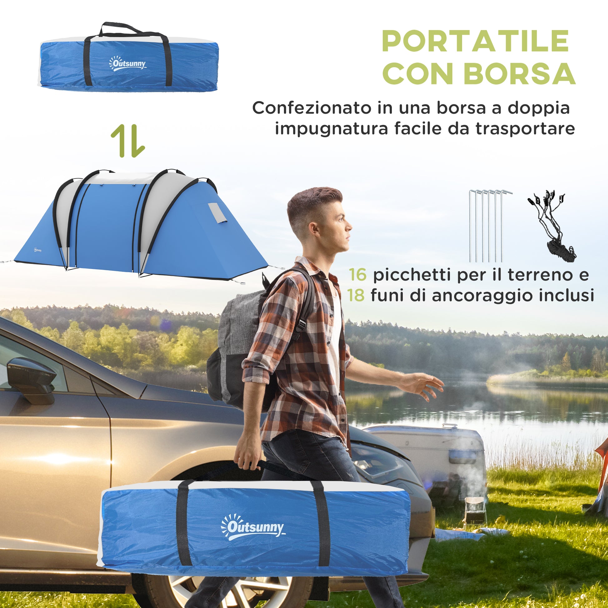 Outsunny Waterproof 2-Person Camping Tent with 2 Rooms Transport Bag, 220x450x180 cm, Blue - Borgè