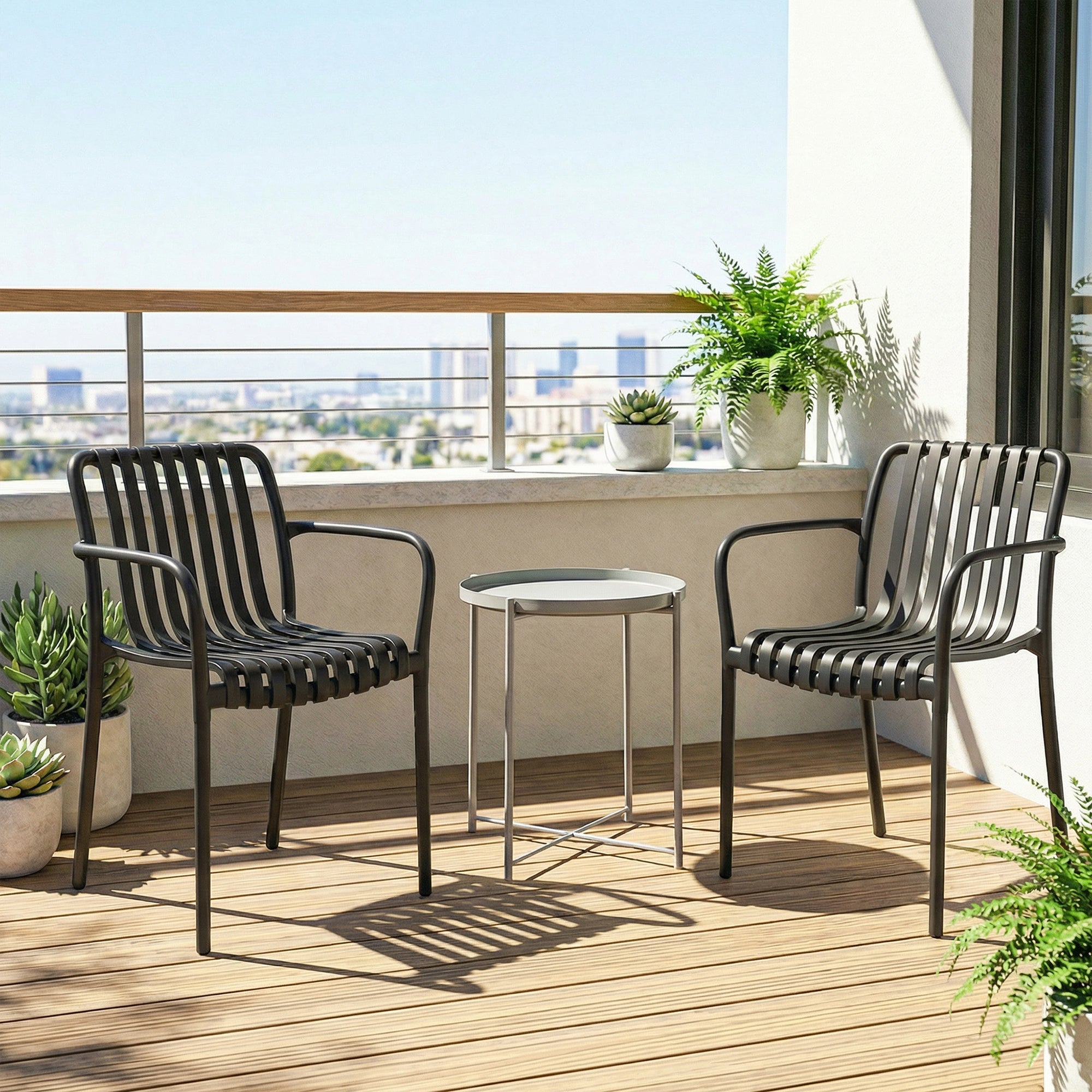 Outsunny Set of 4 Stackable Patio Chairs, Outdoor Dining Chairs with Curved Backrest, Slatted Seat and Armrests